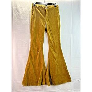 Forever‎ 21 Women's Velour Velvet Bell Bottom Pants Mustard Gold Raw Hem Medium